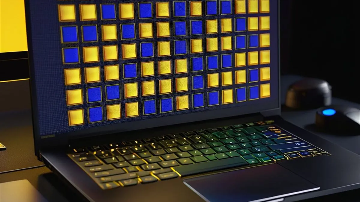 Laptop con una cuadrícula de juegos amarillos y azules en la pantalla